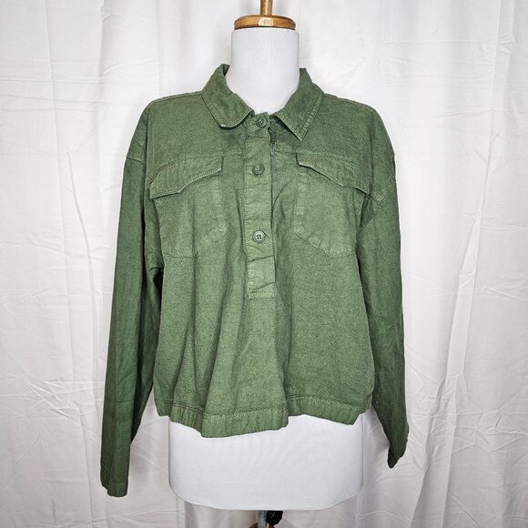 J.Crew Popover Shirt Cotton Linen Blend Green Long Sleeve Buttoned Cropped Sz M - Picture 2 of 12